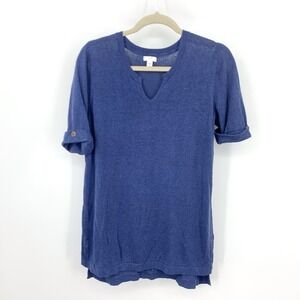 J Jill Women Size Medium Petite MP Shirt Tunic Top Blue Linen Blend Knit